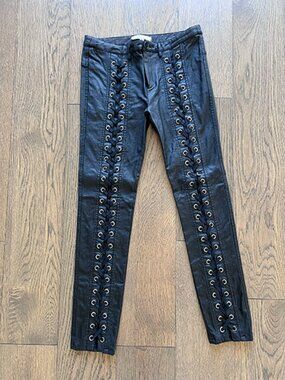Faux Leather Coated Corset Front Black Pants - M